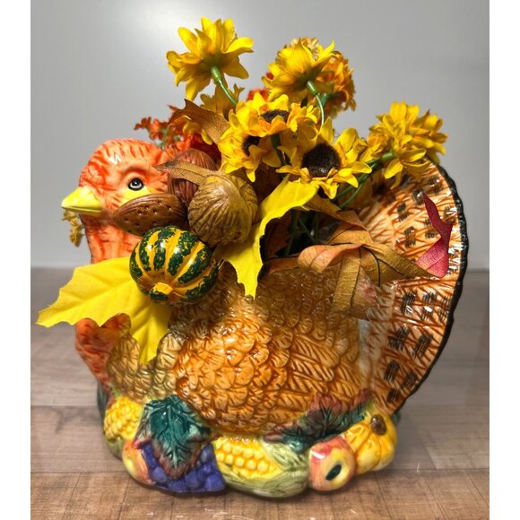 Ceramic Turkey Centerpiece With Faux Flowers & Gourds - Picture 3 of 4